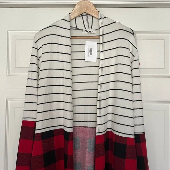 {Haptics} Buffalo Plaid Striped Open Front Long Cardigan - Women's Medium - NWT - Picture 3 of 11